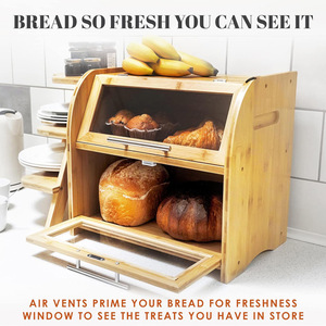 Bamboo Bread <b>Box</b> Double Layer With <b>Glass</b> Door Kitchen Storage For Bread And Desserts Freshness Preservation - Product Image 3