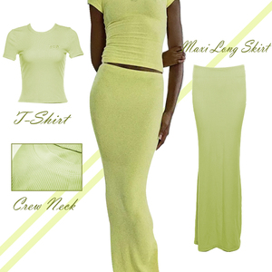 2025 estate primavera abito Casual in maglia due pezzi gonna Set <span class=keywords><strong>per</strong></span> donna girocollo aderente da salotto Maxi gonna lunga a costine - Product Image 3