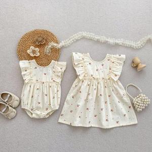 Combinaison en coton pour tout-petits, jolies robes d'été pour bébés filles, style sœur, avec manches courtes imprimées cerises, offre ODM - Product Image 6