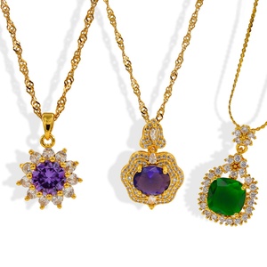 <b>Necklaces</b> Stainless Steel 18k Plated Gold Cz Pendant Colorful Gemstone Flower Shaped Luxury <b>Statement</b> Jewelry for Women - Product Image 1