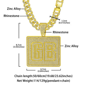 Conjunto de Joyería Chapado en Oro de 18K con Eslabones Cubanos y Cristales de Imitación, Colgante Cuadrado GB, Iniciales/Letras Personalizables, Unisex, Estilo Hip - Product Image 6