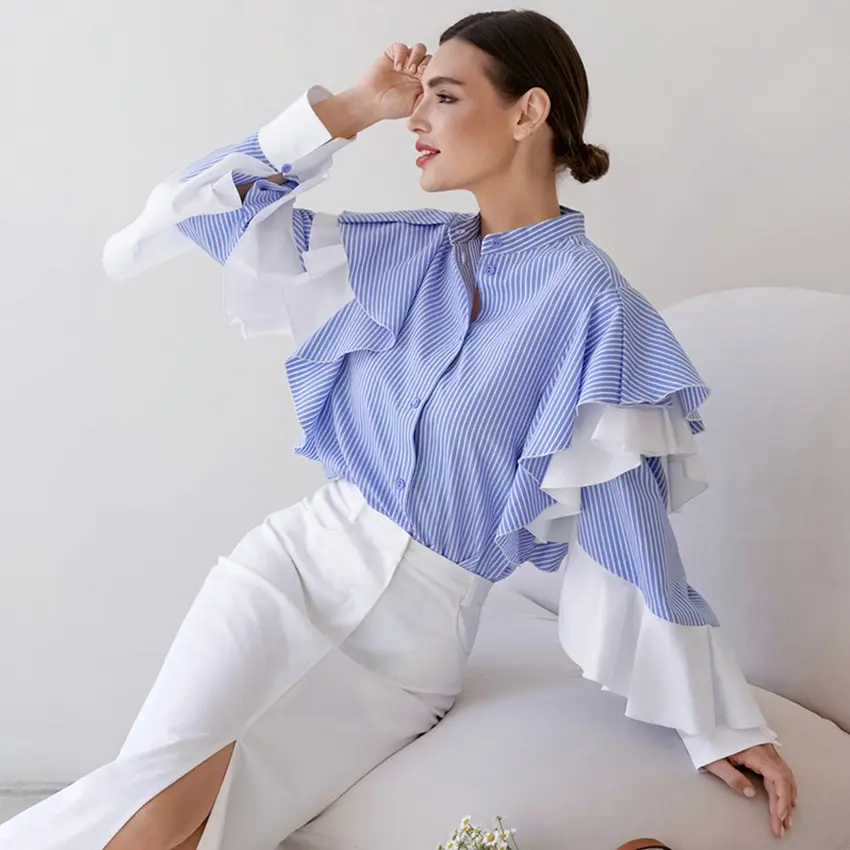 spring autumn mock neck ruffle high quality elegant long sleeve striped button down office work top blouse shirts for women