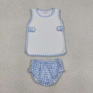 GBO0532 Conjunto de Ropa Casual Personalizado Sin Pedido Mínimo para Niña Pequeña, Estampado a Cuadros Azules, Pantalones Cortos Blancos Sin Mangas, Venta al Por Mayor para Niños - Product Image 1