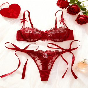 Completo Set <span class=keywords><strong>Lingerie</strong></span> <span class=keywords><strong>da</strong></span> <span class=keywords><strong>Sposa</strong></span> in Raso Rosso Vino Trasparente con Pizzo, Reggiseno e Slip con Fiocco - Vendita Calda dalla Fabbrica - Product Image 6