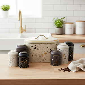 7 Pcs Round Tin <b>Box</b> Kitchen <b>Set</b> Dome Lid Terrazo Terrazo Design - Product Image 3
