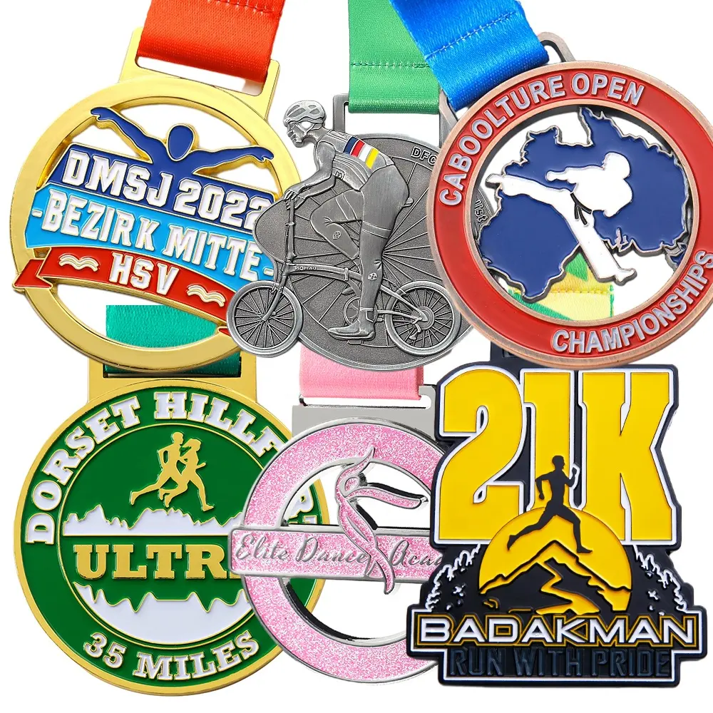 Ustom-medallón de metal con logo de esmalte suave para baile, medallón deportivo con bordes marciales RTS/running/judo/natación