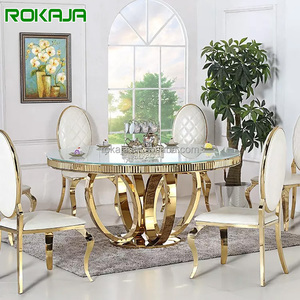 Mesa de comedor redonda y romántica para banquete, conjunto de mesa de boda con tapa de mármol y MDF de vidrio dorado, de acero inoxidable para eventos de Hotel y bodas - Product Image 1