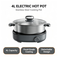 Casserole électrique multifonction 4L en acier inoxydable, avec revêtement antiadhésif en verre trempé, température réglable