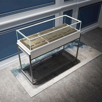 Comptoir de présentation de bijoux verrouillable avec côtés en verre, finition rustique, éclairage LED, écologique et durable pour les magasins de détail, les musées et la maison