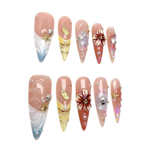 Ongles Press-on Faits Main 10 Pièces Personnalisables Longs Stiletto Blanc Laiteux Océan Aurore Ondulations Coquillages 3D Perles Luxe Gel - Product Image 6