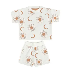 Set pakaian bayi musim panas, setelan baju balita, lengan pendek dan celana pendek, motif bulan matahari, setelan pakaian bayi, baju balita musim panas