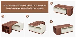 Table basse extensible rectangulaire en bois au design personnalisé avec dessus de table réversible 2 tiroirs et étagères de rangement - Product Image 3