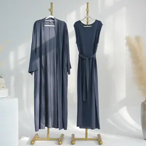 2024 Wholesale EID Ramadan Dubai Turkey Tunic Modest Abaya 2 Piece Set Plain Women's Dress Muslim Women Open Linen Abaya Dress