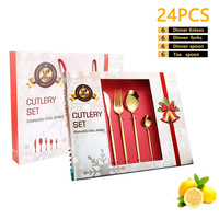 Ensemble de couverts en acier inoxydable plaqué or miroir de 24 pièces pour Noël portugais, cuillères, fourchettes, boîtes cadeaux pour décorations de fêtes