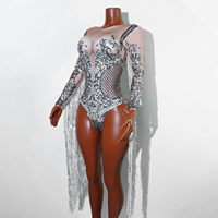 Glitzernder Silberner Strass-Fransen-Bodysuit für Schönheitswettbewerbe, Geburtstagsfeiern, Prominente, Sänger, Drag Queens, Divas, Bühnenkostüm, Leotard