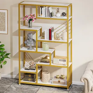 Modern wooden open-back marble white gold floor standing bookshelf unit with storage shelves