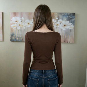 Women's Lace Trim Color Block <b>Crop</b> Long Sleeve T-Shirt Stretchy Slim Fit Casual Soft Blouse <b>Top</b> - Product Image 2