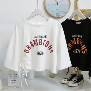 T741 Sexy Women Cotton Basic Scoopcasual Neck Crop Top Tshirts Girls Women Dress Trade Assurance for Fashion 3/4 Sleeve Loose