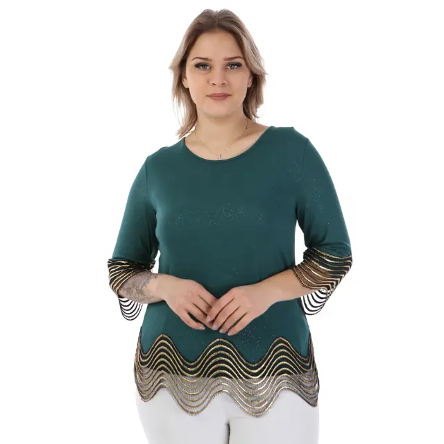 New Trend Plus Size Women Blouse Navy Blue Green Elegant Chic Ladies Wear Gold Details High Quality Woman Clothing