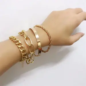 4 Buah/Set Gelang Rantai Berlapis Emas Perak Multilapis Gelang & Gelang untuk Wanita Pria Pasangan Boho Perhiasan Hadiah Kunci Chunky