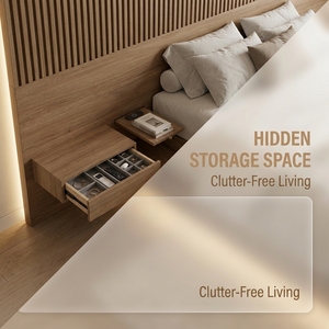 Meubles de chambre d'<span class=keywords><strong>hôtel</strong></span> de luxe modernes, lit flottant en chêne massif Japandi sur mesure avec tête de lit à lattes pour villa et école - Product Image 2