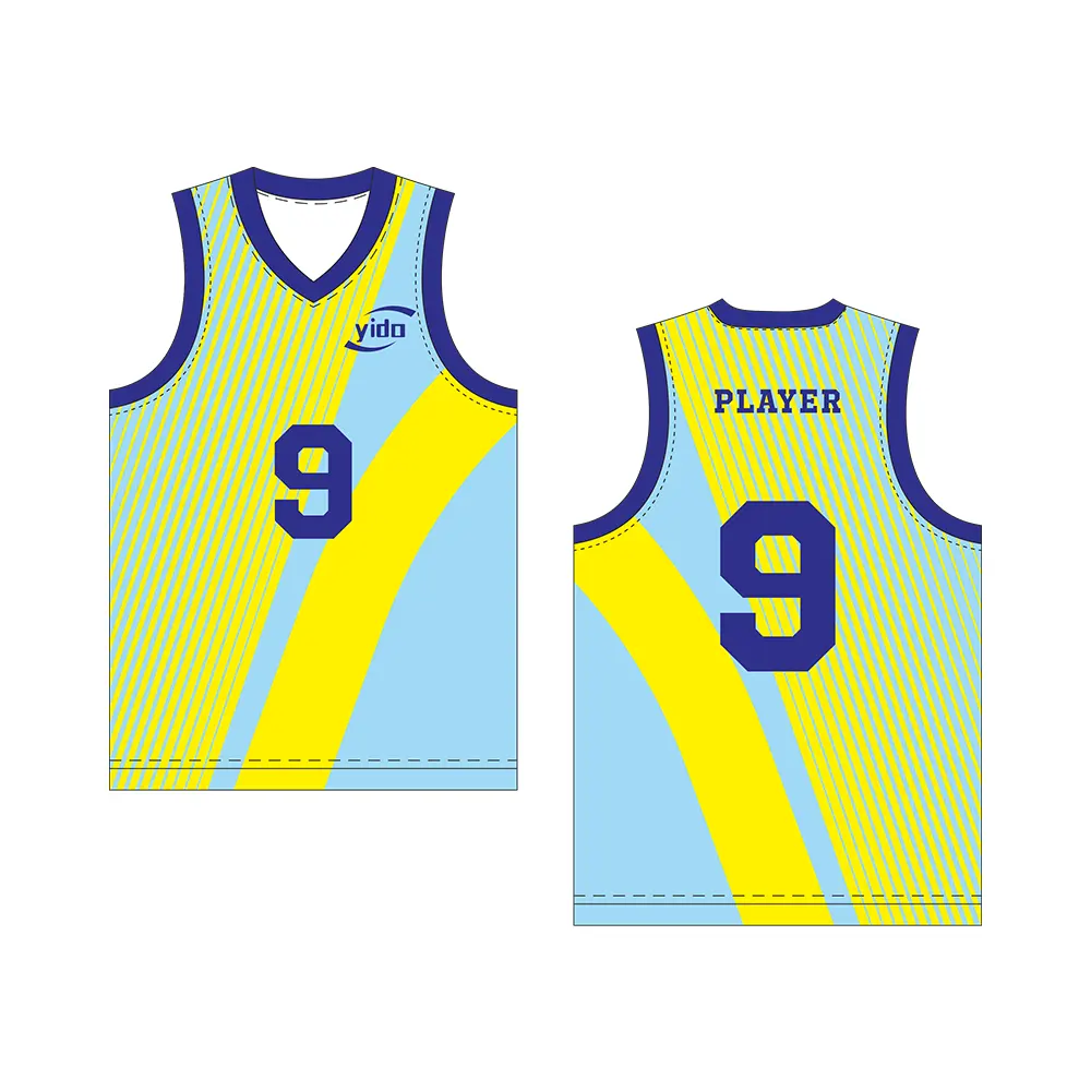 Lichtgewicht Ademend Vrij Ontwerp 2023 Custom Basketbaljersey Blauw En Geel 100% Polyester