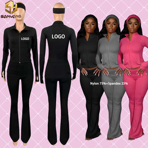 Nylon tweedelige damespak met opvouwbare broek, loungewear, haarband, geschikt voor lange vrouwen, bescheiden herfstloungewear - Product Image 1