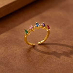 Bague en acier inoxydable plaqué or 18 carats pour femme, avec zircon coloré, motif fleur, papillon, arc-en-ciel, alliance éternité, ajustable, ouverte - Product Image 4