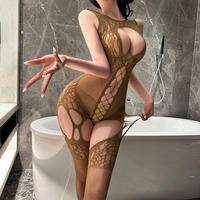 En gros, Combinaison résille à poitrine ouverte, sans manches, ajourée en dentelle, style teddy, avec détails croisés, lingerie de nuit