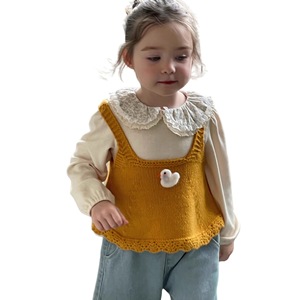 Girls Korean Style Knitted Vest Set With Duck Applique Peter Pan Collar Autumn Outfit Cotton Woolen Fabric - Product Image 4