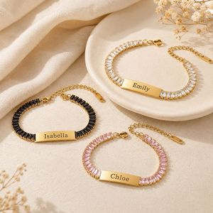 <b>Custom</b> Engraved <b>Name</b> Stainless Steel Bar Bracelet Ladder Square Full Paved Rhinestone Plate Personalized Engraving Jewelry - Product Image 2
