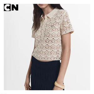 Suéter con Certificación GRS, Fabricante de Suéteres, Logotipo Personalizado, Suéter de Mujer de Algodón, Manga Corta, Calado, Verano, Polo, Tejido de Punto, Crochet - Product Image 2