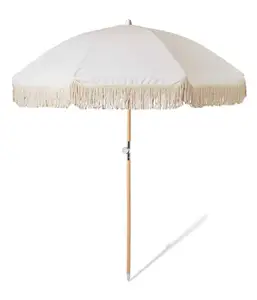 Macramé blanc Vintage Parasol Parapluie De Plage Poteau En Bois Gland Coton Tissu Bali Parapluies De Plage Avec Glands Frange