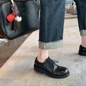 Washed Cowhide Retro British Style Lace-up Leather <b>Shoes</b> for <b>Women</b> Round Toe Flat <b>Oxford</b> Casual Genuine Leather <b>Shoes</b> - Product Image 3