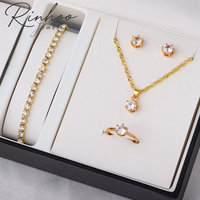 RINHOO - Juego de Joyería de Moda al por Mayor, Romántico, con Circonitas, Geométrico, Aretes, Collar, Anillo y Pulsera, Juego de Cuatro Piezas, Regalo para Mujer