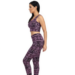 Conjunto de yoga de 2 piezas para mujer, leggings de cintura alta con estampado de elefante morado, top corto sin costuras - Product Image 1