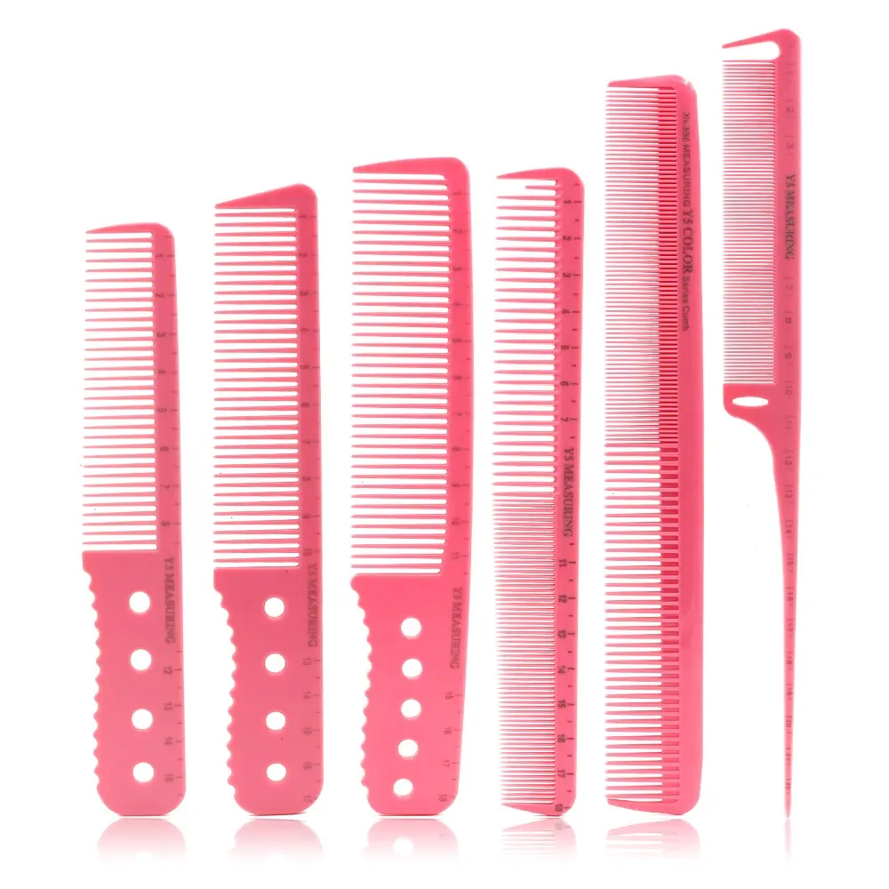 पेशेवर 6 आकार पीपी सामग्री दांत हज्जाम की दुकान के लिए कंघी गुलाबी मापने नाई कंघी स्टाइल जेब काटने बाल