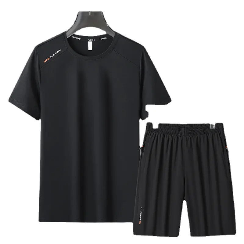 Conjunto de roupas esportivas de secagem rápida para homens, camiseta de manga curta de seda gelada, shorts de verão, treino fino, corrida e fitness, com encomenda