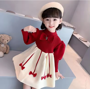 Robe pull Maxfree pour filles de 1 à 10 ans, vêtements tricotés d'hiver, manches longues, nœud rouge, robe de princesse pour enfants - Product Image 2
