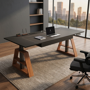 Height Adjustable Standing <b>Desk</b> with 2 <b>Drawers</b> Solid Wood Rectangular Black Computer <b>Desk</b> DESK2-0001 - Product Image 2