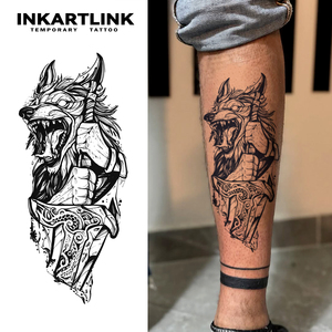 INKARTLINK Autocollant Tatouage Loup Guerrier Épée Poignard Totem Viking Fenrir Prédateur Esthétique Herbacé 15 Jours Lot en Gros - Product Image 1