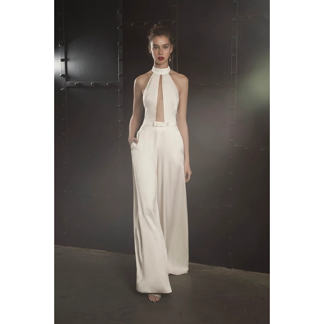 Elegant Halter Backless Jumpsuit for Women Acetate Satin White High-Waisted Pants Fitness Pattern Summer Wide-Leg Pants