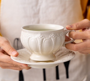 European style solid cream color coffee cup & saucer tea cup & pot with delicate three-dimensional relief pattern