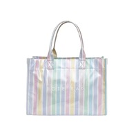 Tas Tote Wanita Kanvas Warna-warni, Ringan, Kapasitas Besar, Dua Tali, Cocok untuk Perjalanan, Bahan PVC Bergaris, Harga Terjangkau