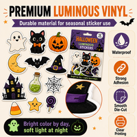 Autocollants d'Halloween Lumineux de Nuit Imperméables Découpés sur Mesure avec Logo Personnalisé, Motifs Chat et Chapeau de Sorcière, pour Scrapbooking et Fêtes
