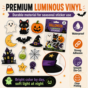 Autocollants d'Halloween Lumineux de Nuit Imperméables Découpés sur Mesure avec Logo Personnalisé, Motifs Chat et Chapeau de Sorcière, pour Scrapbooking et Fêtes - Product Image 4