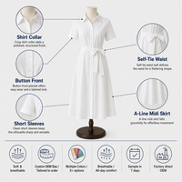 Robe midi en rayonne popeline à col chemise, manches courtes, boutonnée sur le devant, avec ceinture à nouer, pour femme, personnalisable avec logo OEM