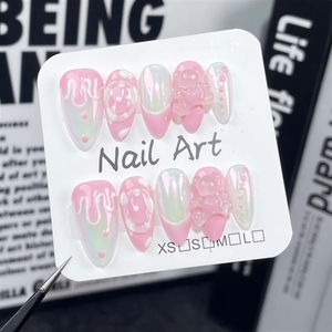 <span class=keywords><strong>Uñas</strong></span> Postizas Color Rosa Dulce para el Día de San Valentín con Diseños de Corazón y Lazo, <span class=keywords><strong>Uñas</strong></span> Acrílicas con Punta Francesa, Forma de Almendra - Product Image 6