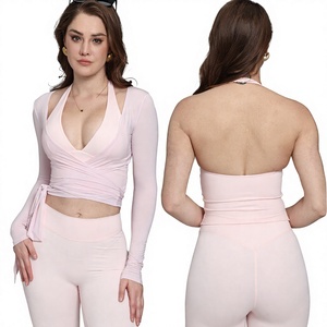 Ensemble de yoga uni pour femme, 2 pièces, avec leggings taille haute et crop top sans couture en Spandex et Polyester, col en V profond, dos nu style licou, tenue d'entraînement - Product Image 1