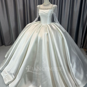 Lscm92 Modern Elegant Ivory Ball Gown <b>Wedding</b> Dress Beaded Illusion Satin Bridal Gown Pleated Corset Puffy Full Skirt Chapel - Product Image 2